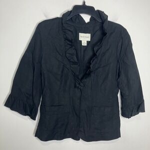 White House Black Market linen blend black ruffle blazer 3/4 sleeve women size 6